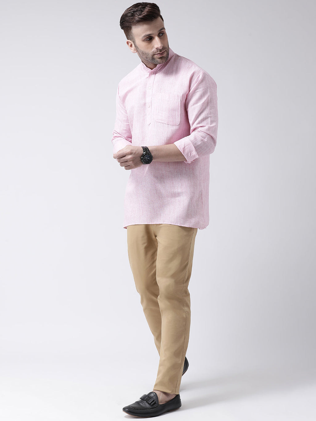 RIAG Pink Color Long Sleeves Men's Cotton Short Kurta