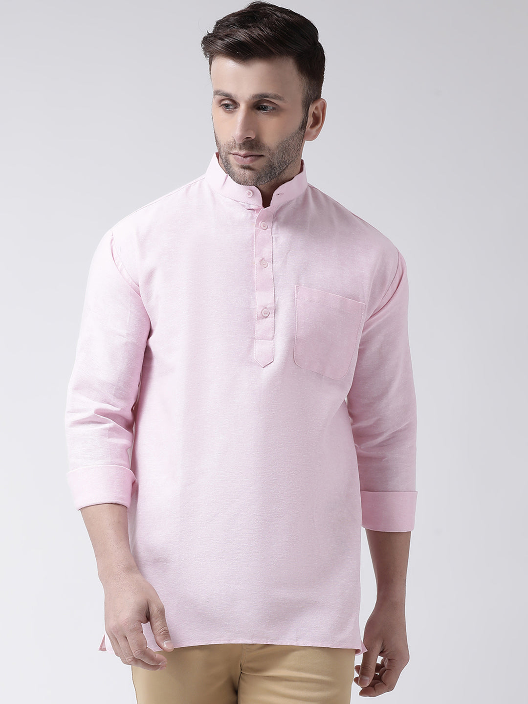 RIAG Pink Color Long Sleeves Men's Cotton Short Kurta