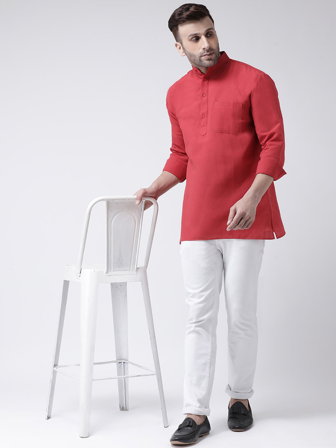 RIAG Red Color Long Sleeves Men's Cotton Short Kurta