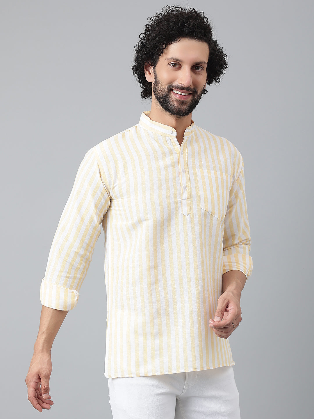 RIAG Beige Color Long Sleeves Casual Men's Cotton Short Kurta