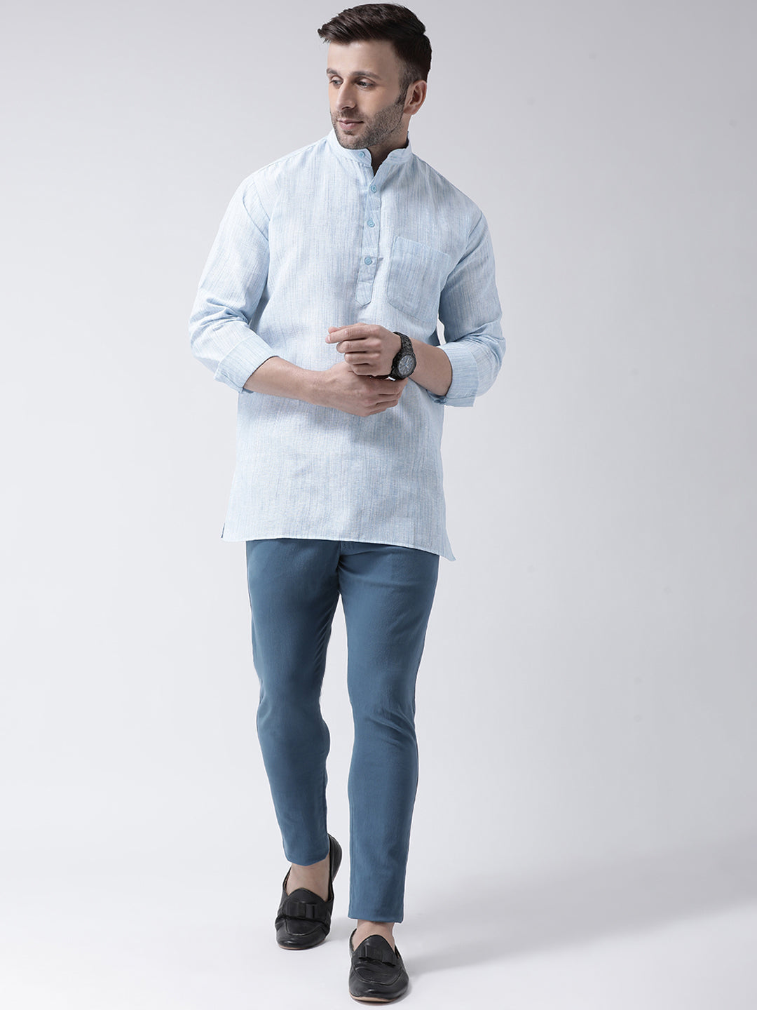 RIAG Blue Color Long Sleeves Men's Cotton Short Kurta