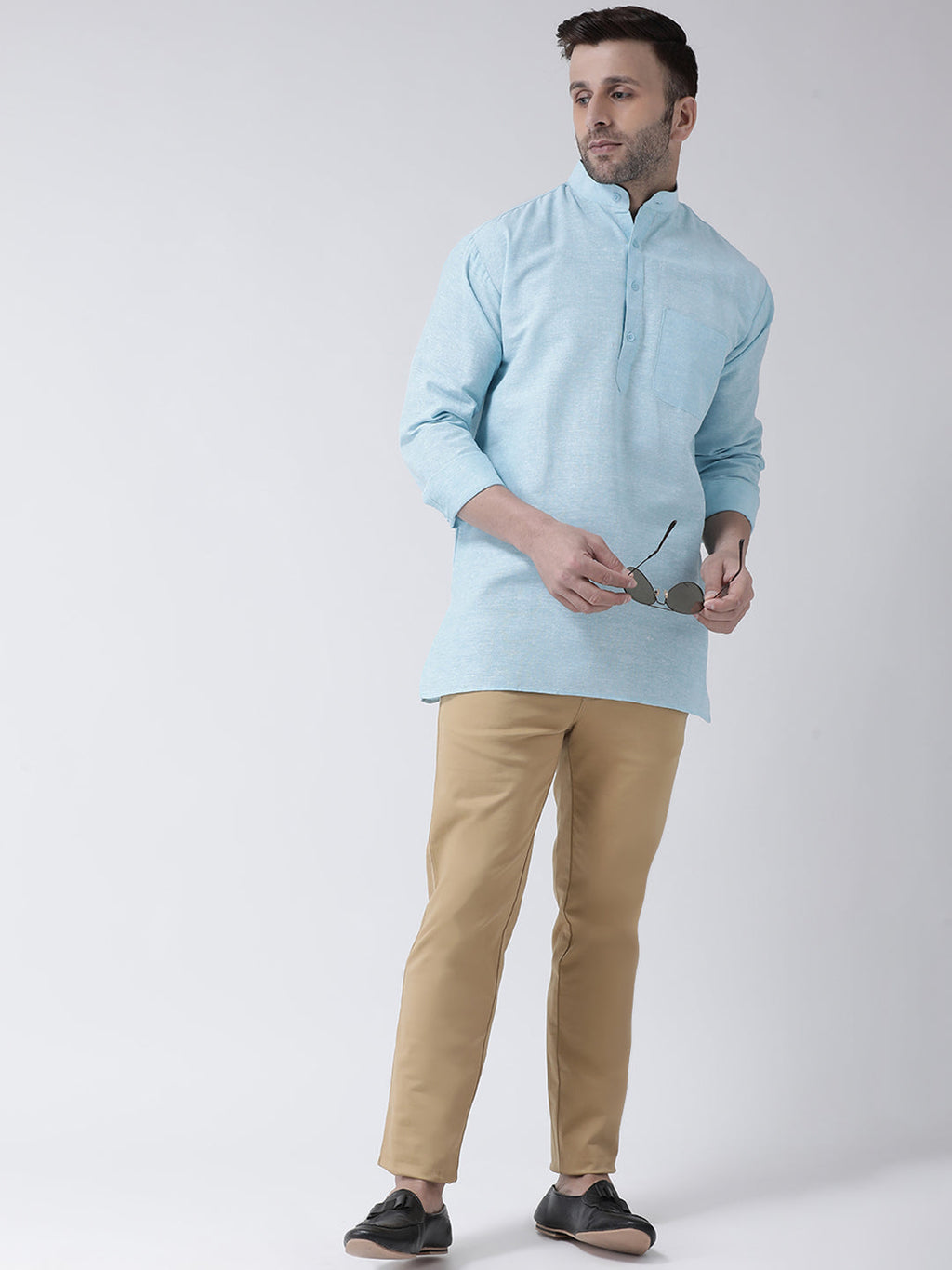 RIAG Light Blue Color Long Sleeves Men's Cotton Short Kurta