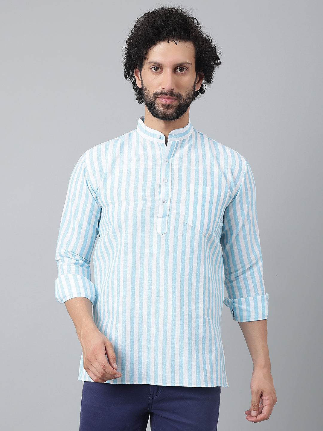 RIAG Blue Color Long Sleeves Casual Men's Cotton Short Kurta