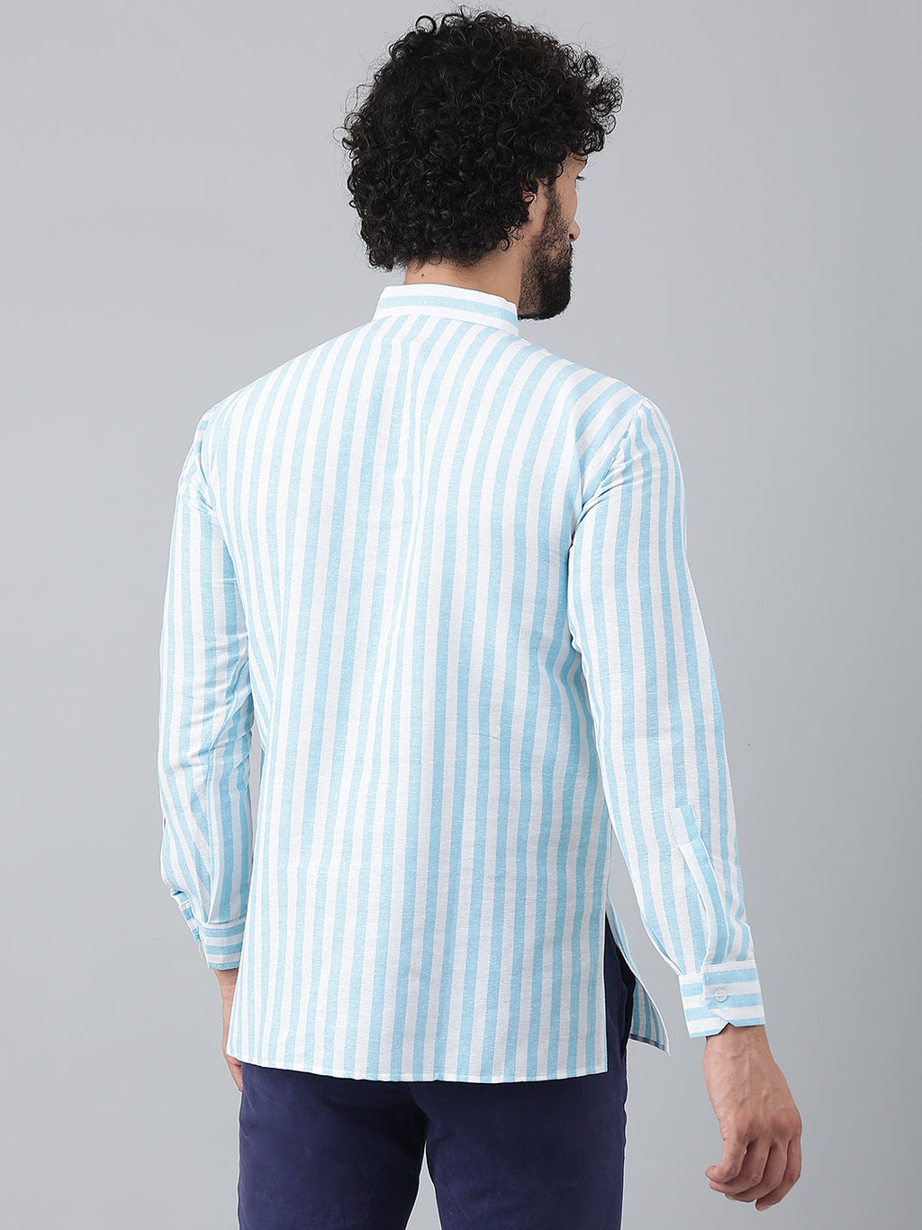 RIAG Blue Color Long Sleeves Casual Men's Cotton Short Kurta