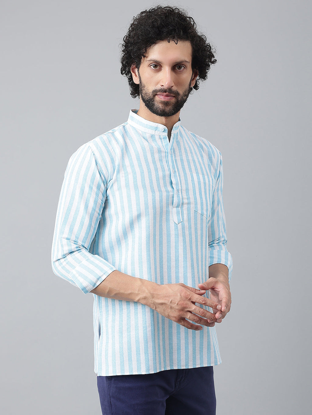 RIAG Blue Color Long Sleeves Casual Men's Cotton Short Kurta