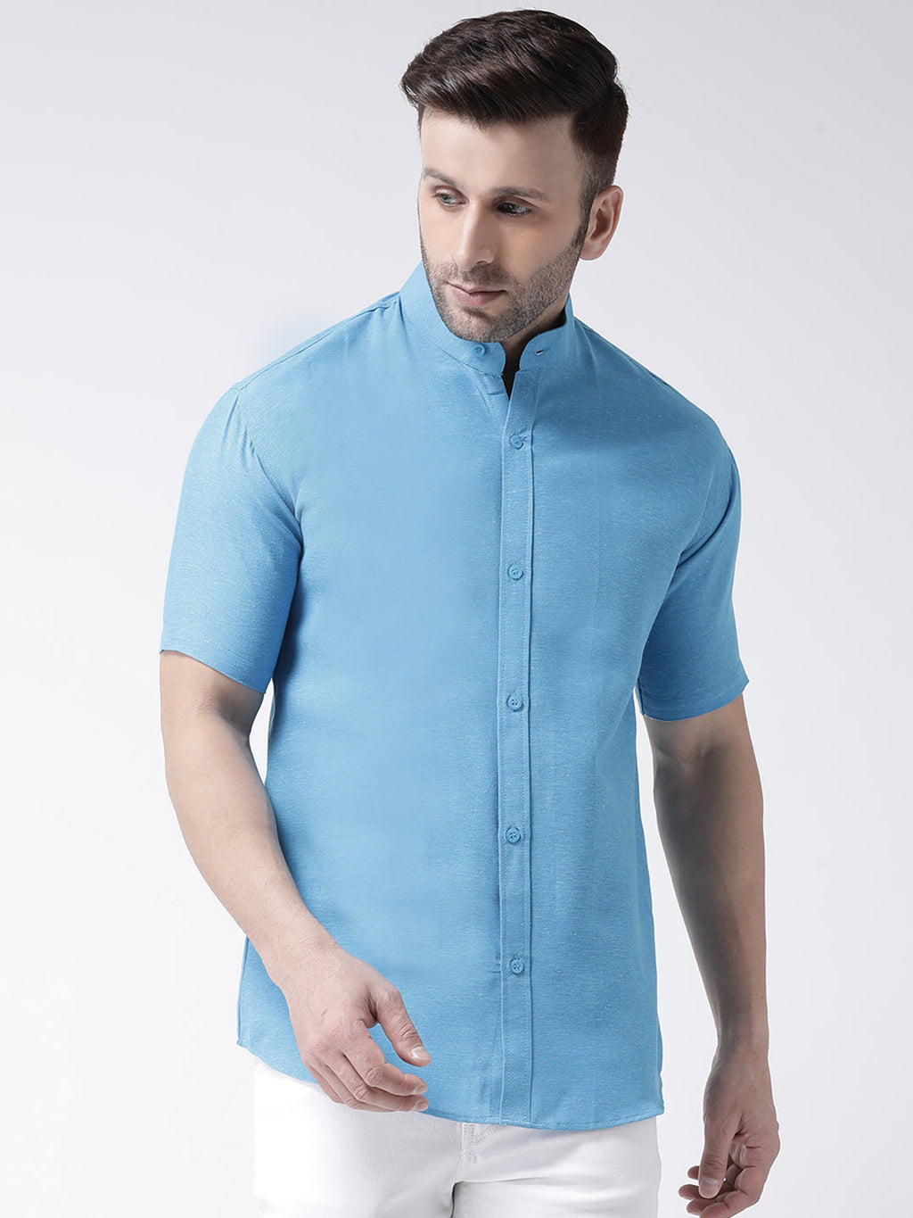 RIAG Firozi Blue Men's Chinese Collar Half Sleeves Shirt