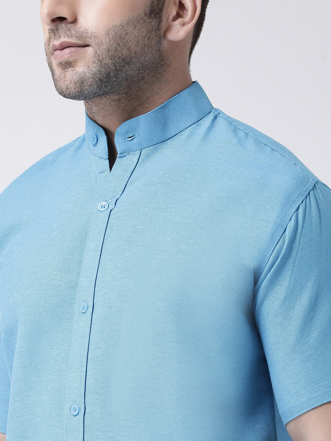 RIAG Firozi Blue Men's Chinese Collar Half Sleeves Shirt