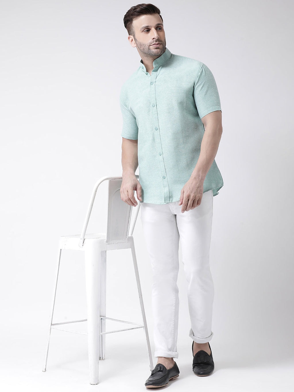 RIAG Green Men's Chinese Collar Half Sleeves Shirt