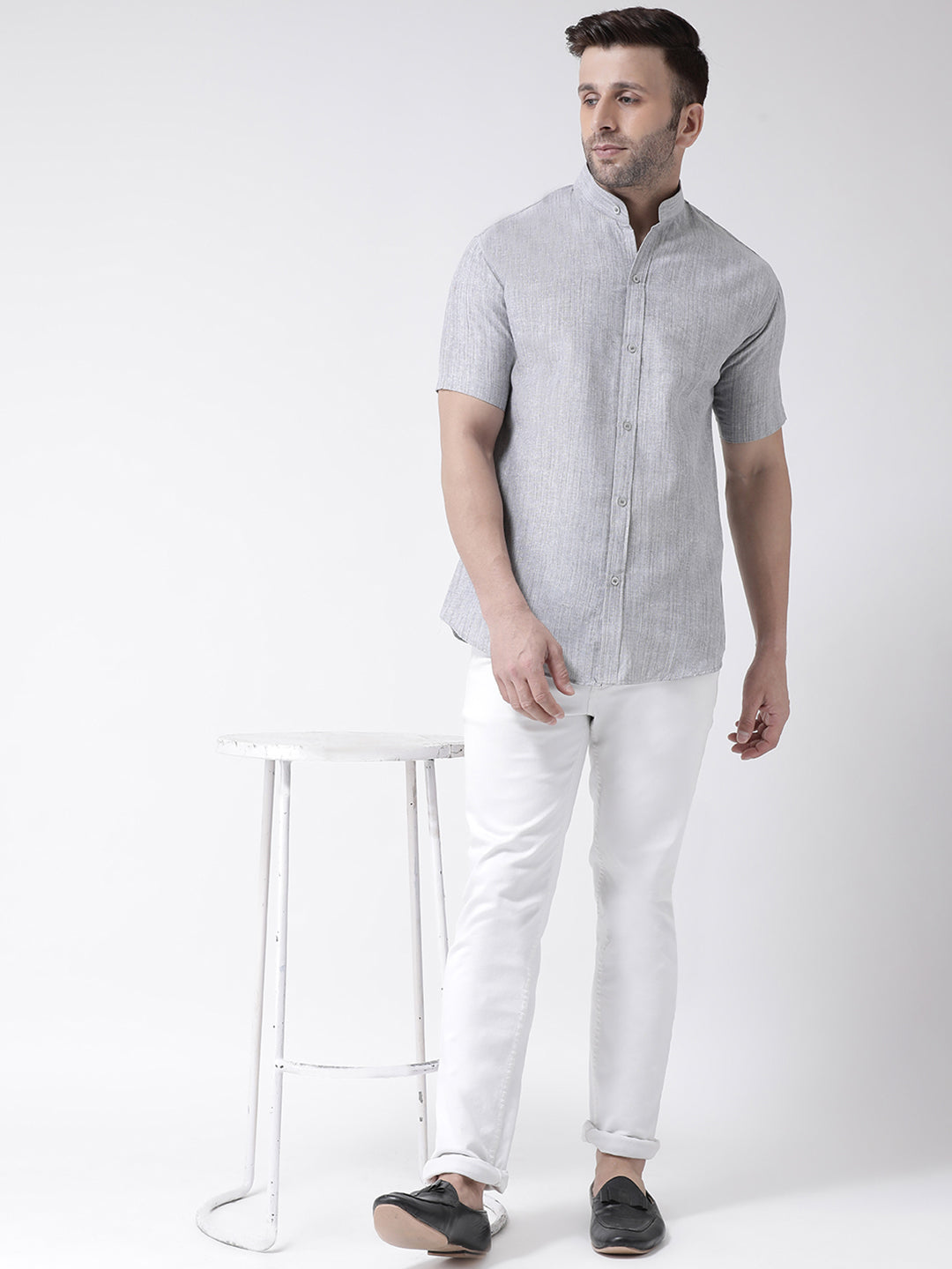 RIAG Grey Men's Chinese Collar Half Sleeves Shirt