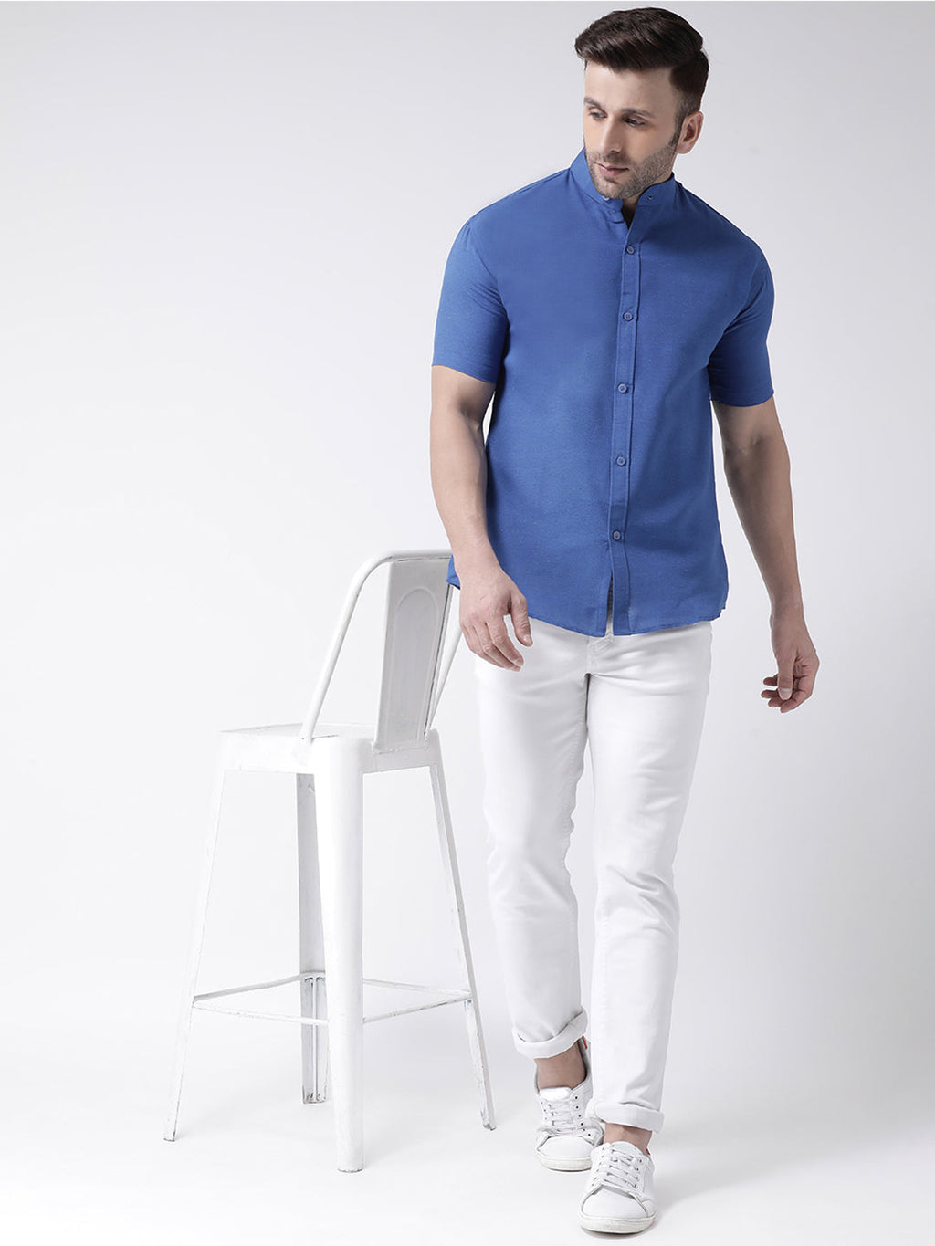 RIAG Navy Blue Men's Chinese Collar Half Sleeves Shirt