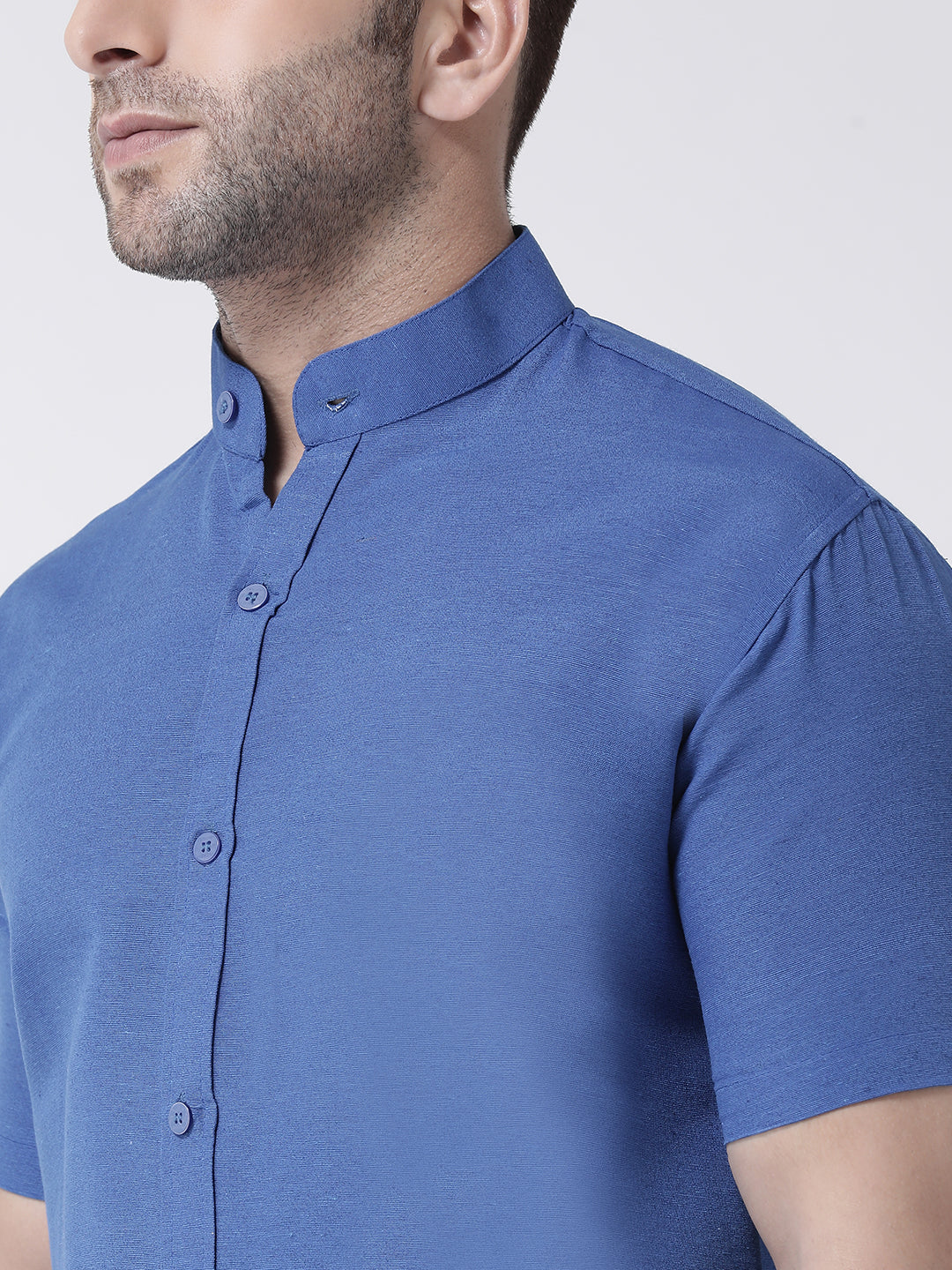 RIAG Navy Blue Men's Chinese Collar Half Sleeves Shirt