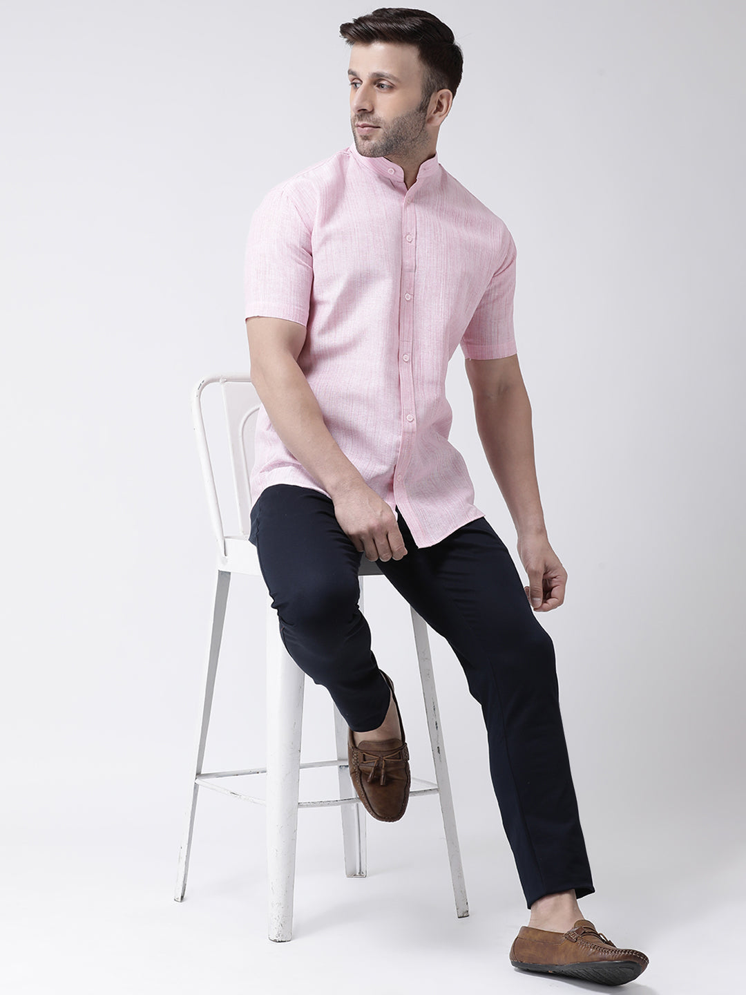 RIAG Pink Men's Chinese Collar Half Sleeves Shirt