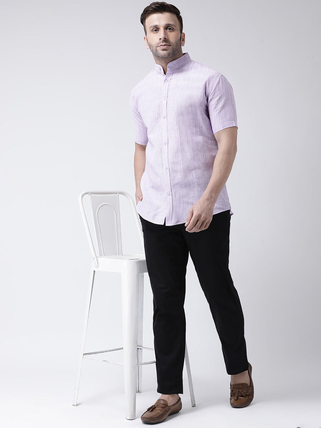 RIAG Purple Men's Chinese Collar Half Sleeves Shirt