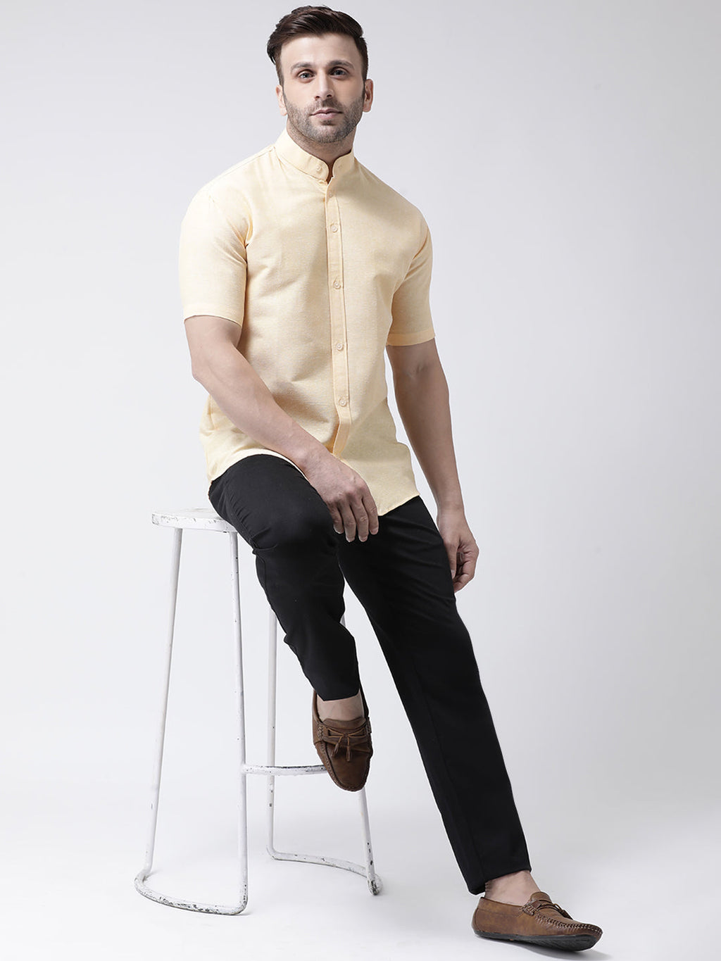RIAG Beige Men's Chinese Collar Half Sleeves Shirt