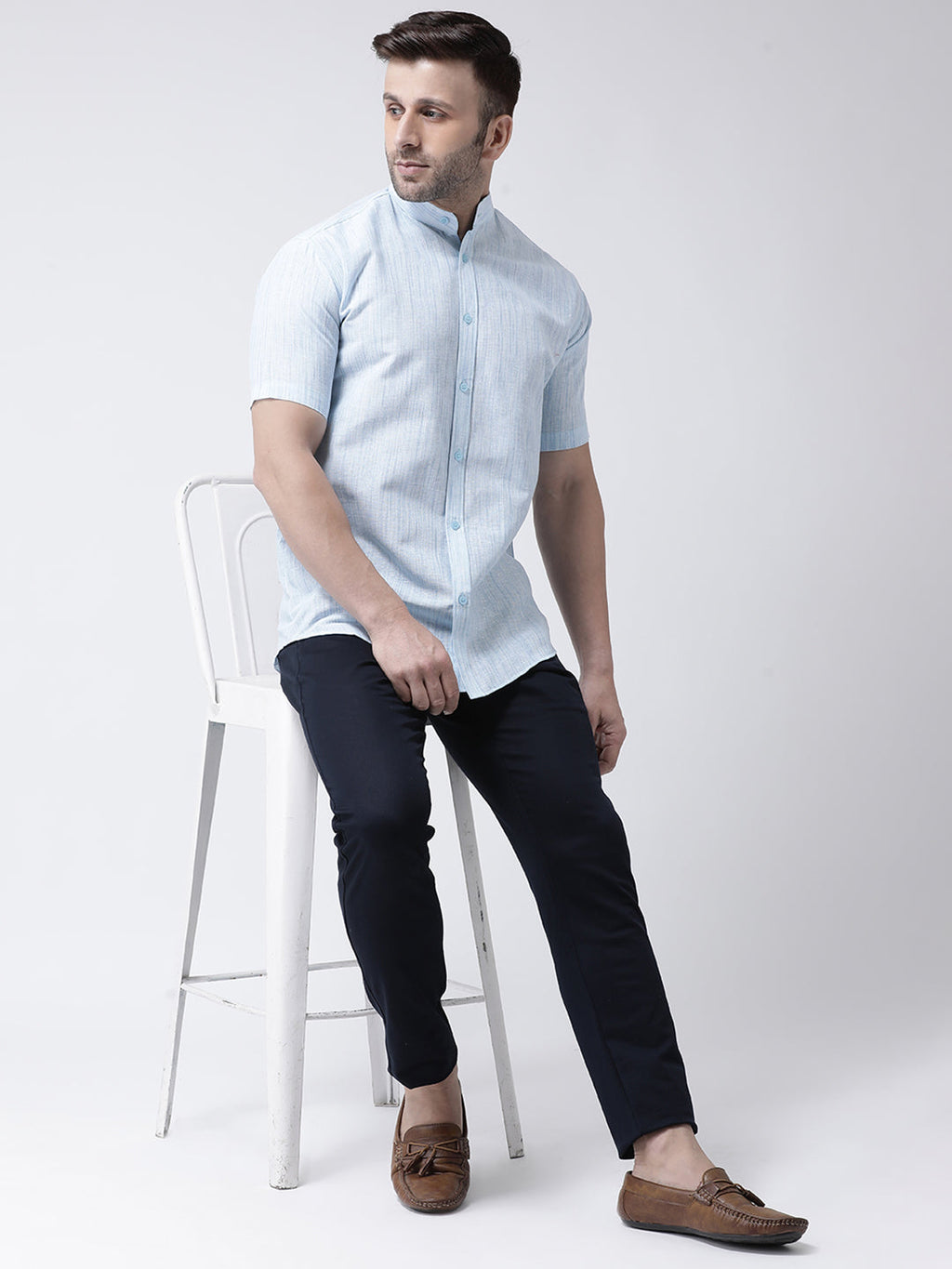 RIAG Sky Blue Men's Chinese Collar Half Sleeves Shirt