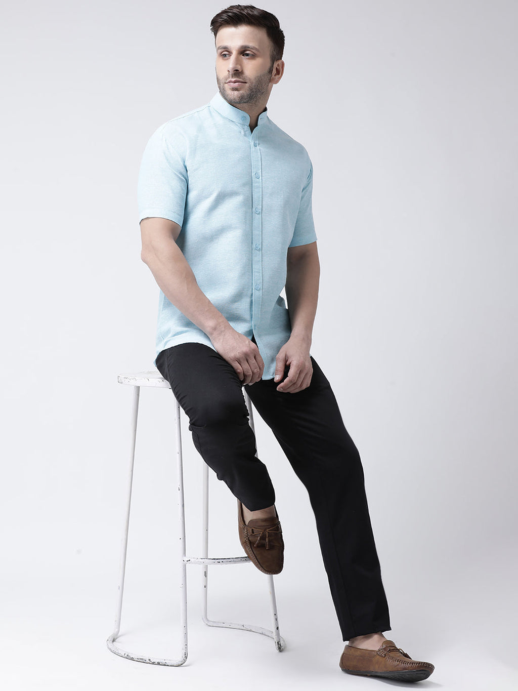 RIAG Sky Blue Men's Chinese Collar Half Sleeves Shirt