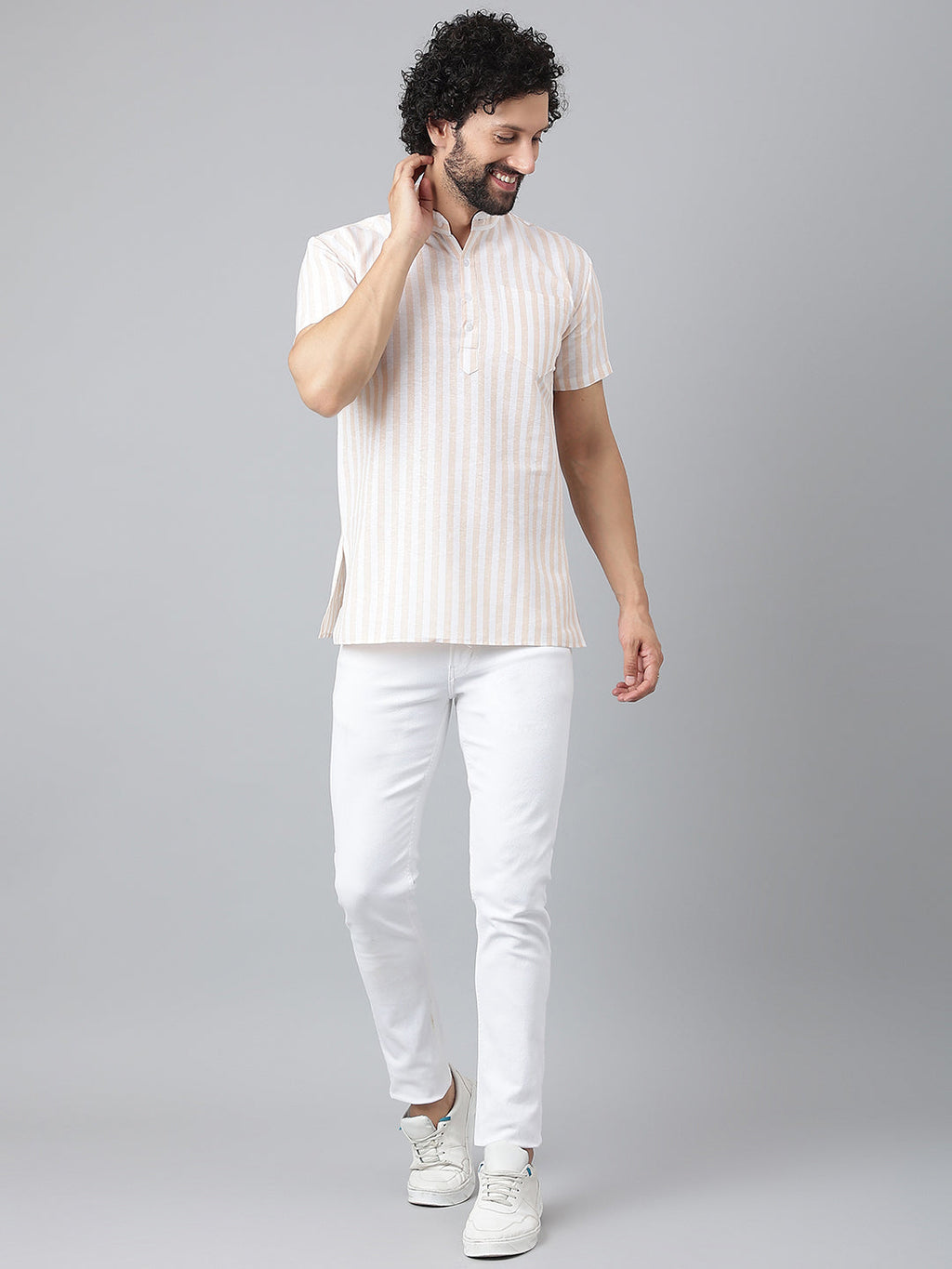 RIAG Beige Color Short Sleeves Casual Men's Cotton Short Kurta