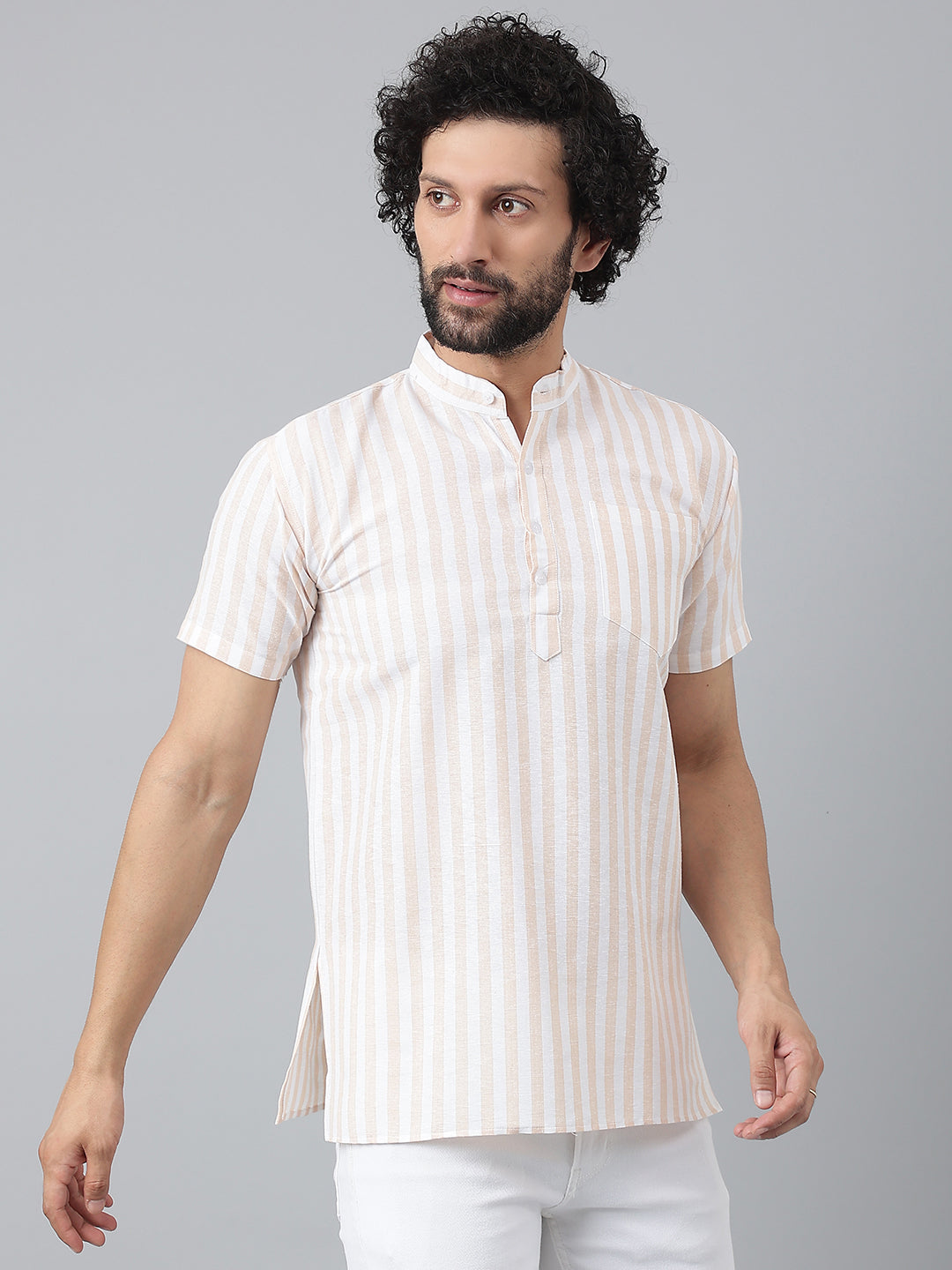 RIAG Beige Color Short Sleeves Casual Men's Cotton Short Kurta
