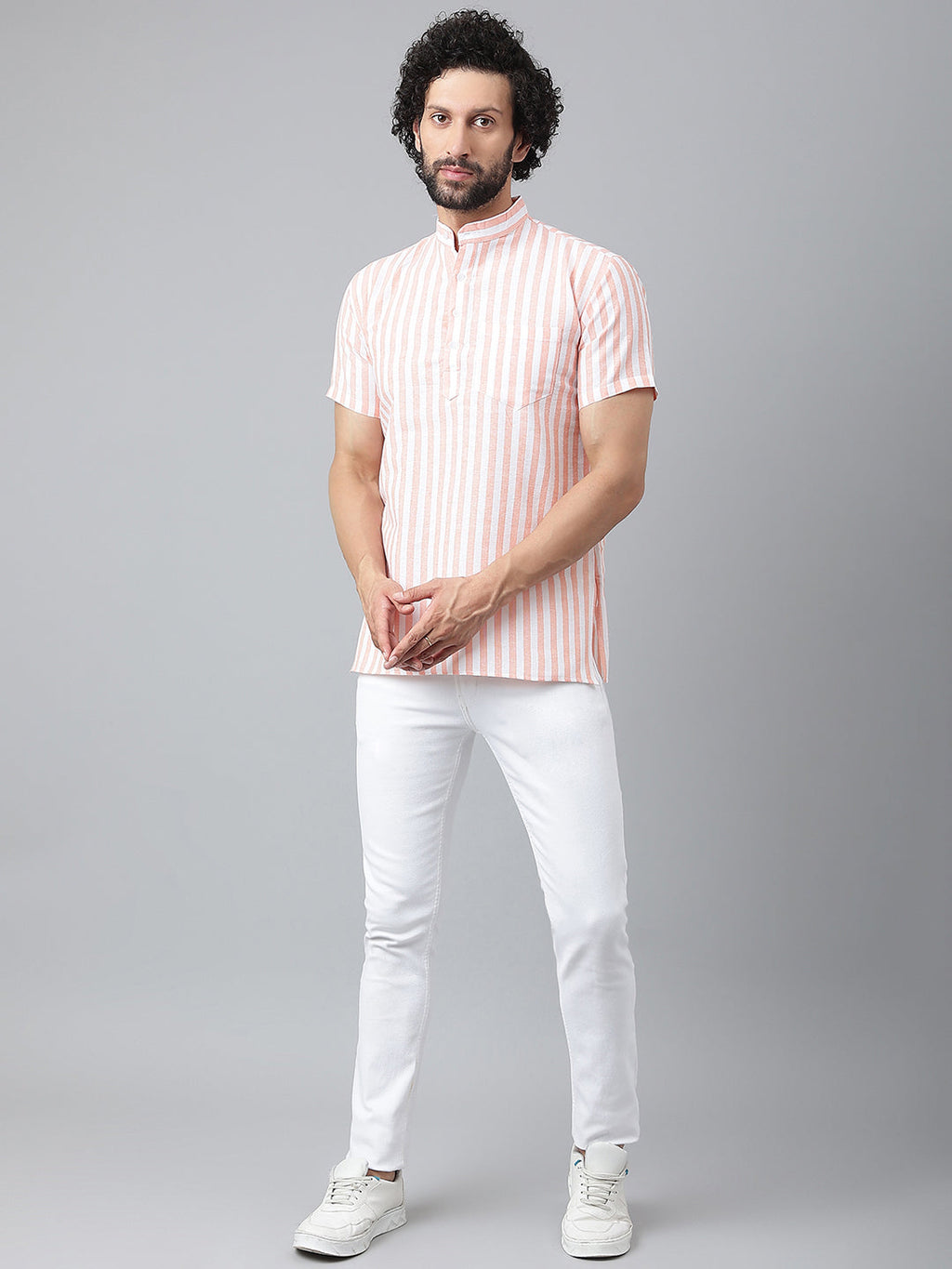 RIAG Orange Color Short Sleeves Casual Men's Cotton Short Kurta