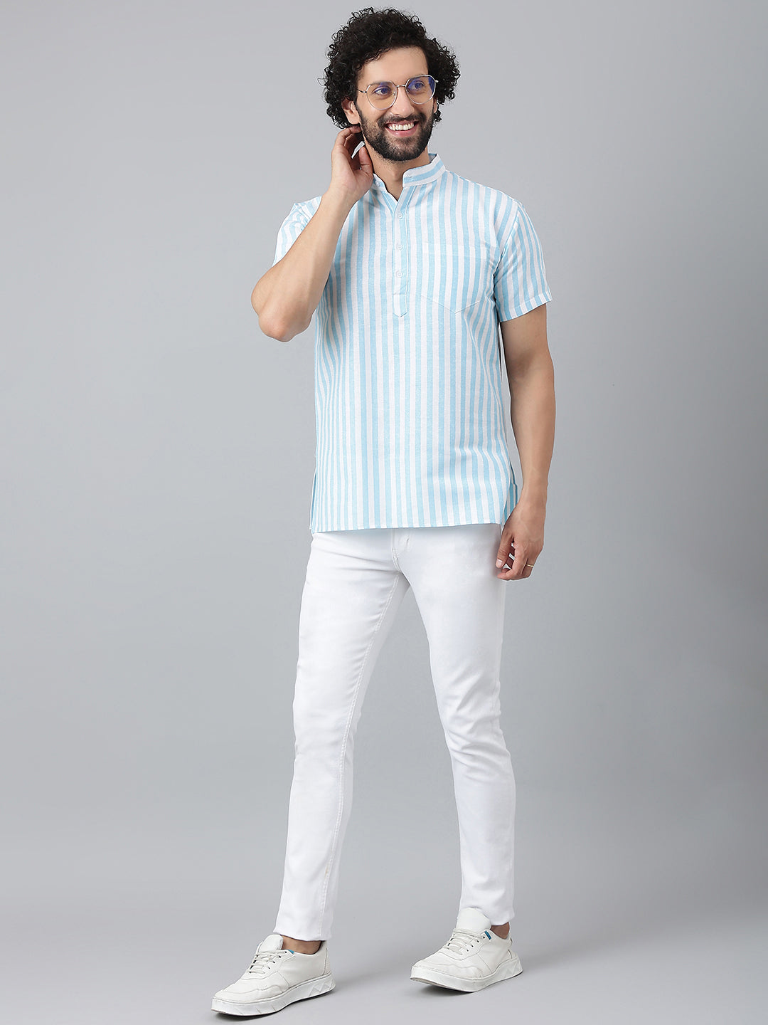 RIAG Blue Color Short Sleeves Casual Men's Cotton Short Kurta