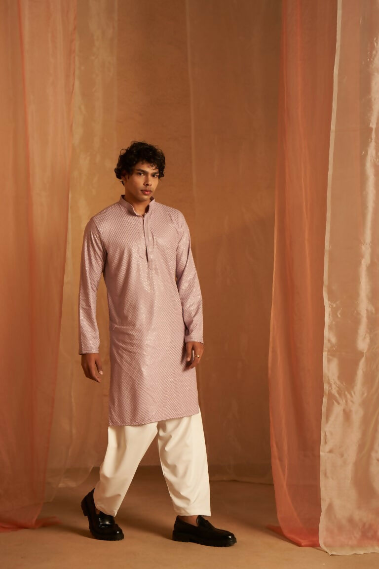 Lavender viscose Chikankari Embroidery Work Men's Traditional Kurta Set - Mahotsav