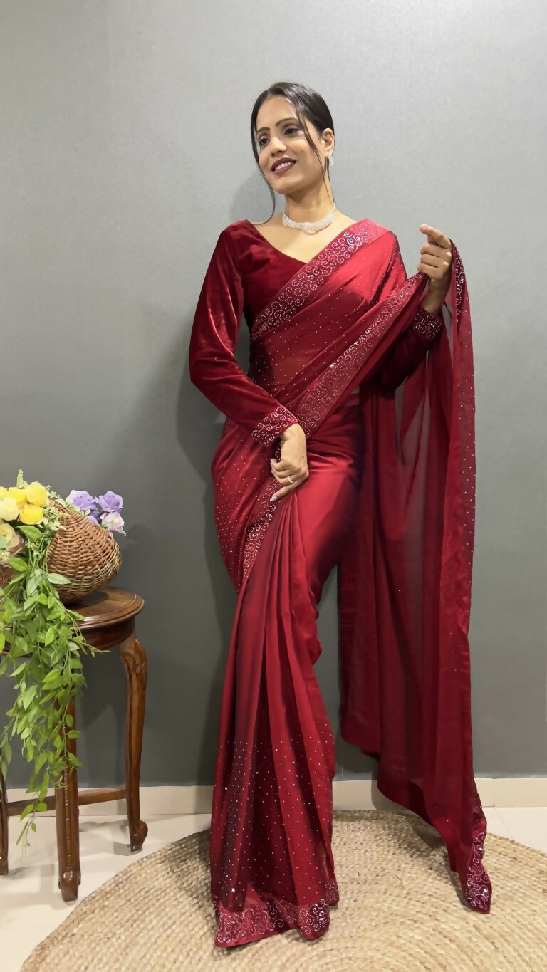Vastranavya Maroon Rangoli Silk Swarovski work Ready to Wear Saree