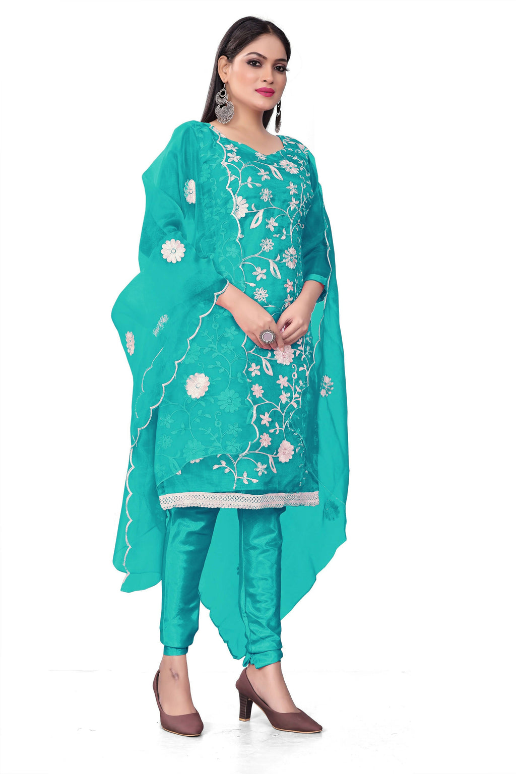 Sea Green Organza Silk Embroidered Work Unstitched Dress Material - Tanvi