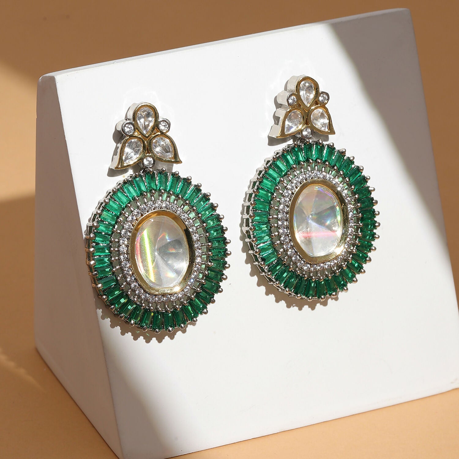 Kundan and Diamond with Green Stones Dangler Earrings (Green) - Ruby Raang