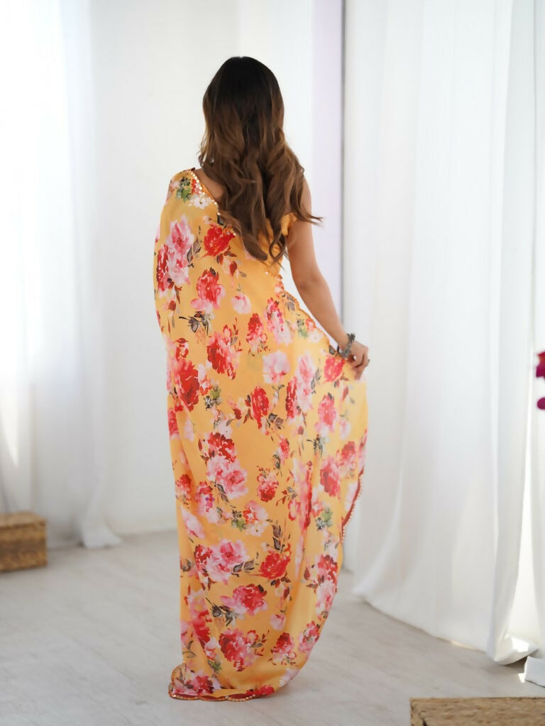 Orange Chinon Designer Digital Printed,Mirror Cut Work Saree - Elayna