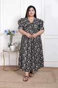 Miravan Women's Plus Size Pleated Puff Sleeve Floral Pure Cotton Black And White Butterfly Maxi Dress