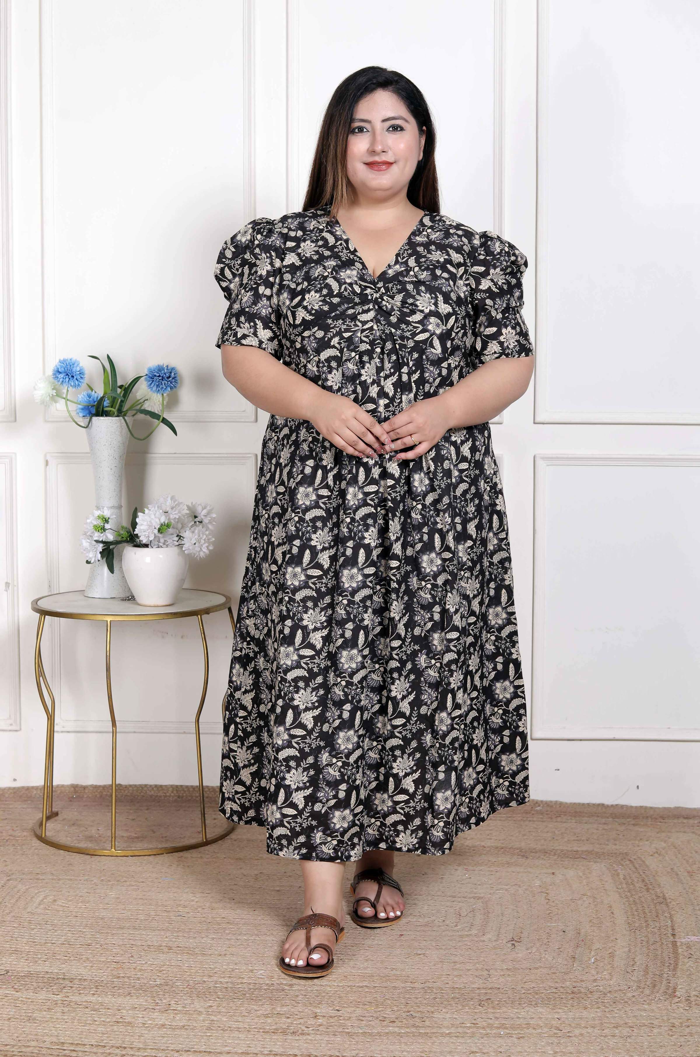 Miravan Women's Plus Size Pleated Puff Sleeve Floral Pure Cotton Black And White Butterfly Maxi Dress