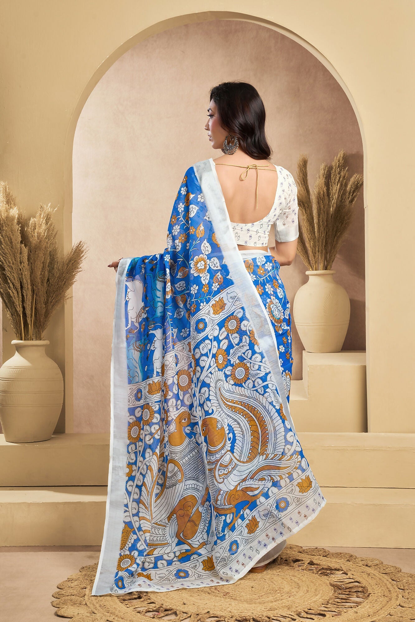 Vastranavya Blue Digital Printed Linen Ready To Wear Designer Saree with Unstitched Blouse