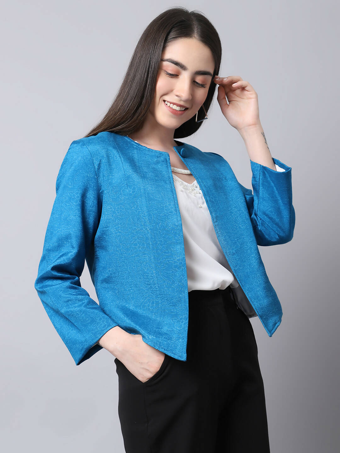 Even Apparels Blue 100% Viscose Open Front Statement Women's Jacket