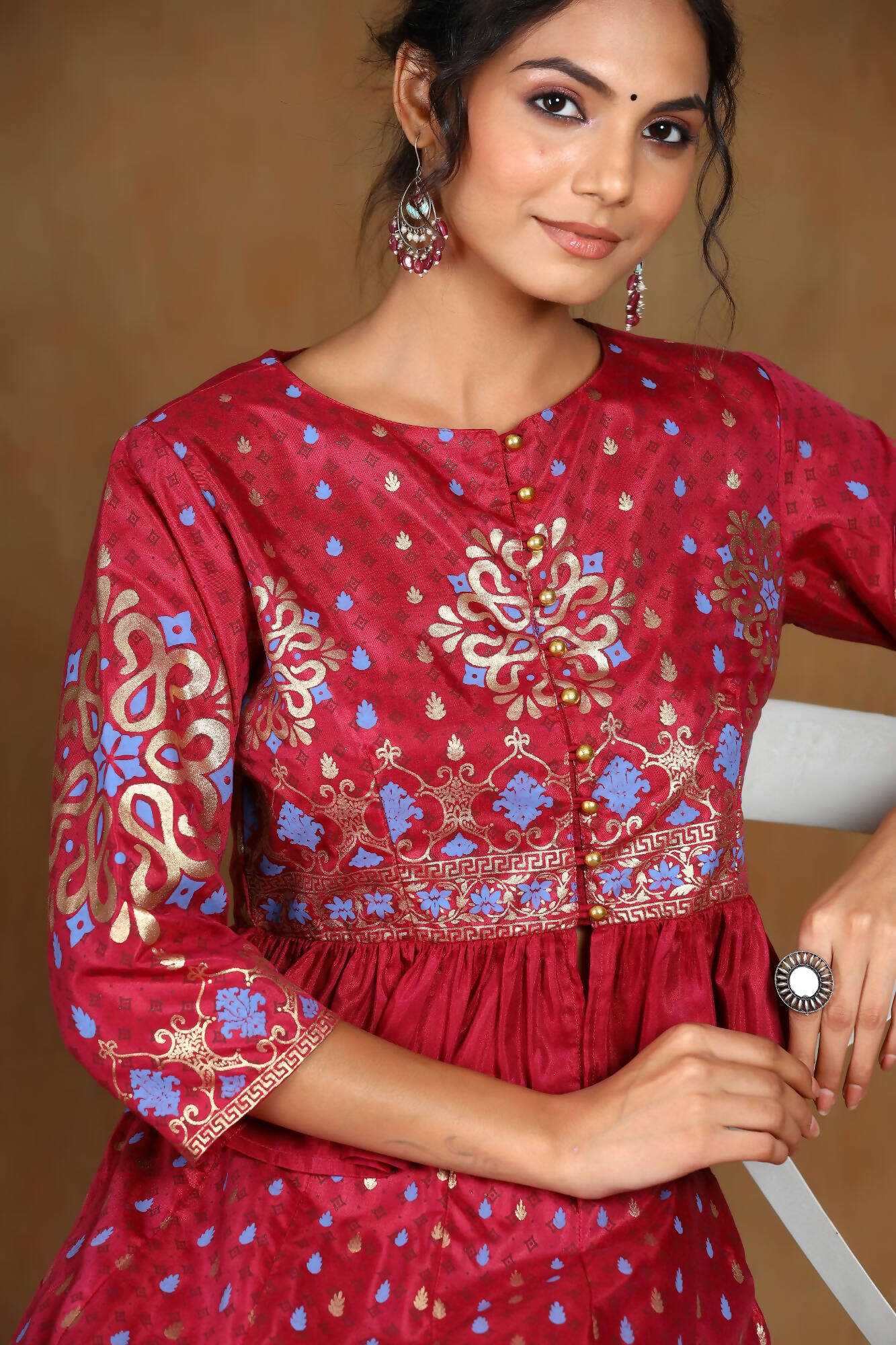 Juniper Women Burgundy Shantoon Printed Flared Lehenga Choli Sets