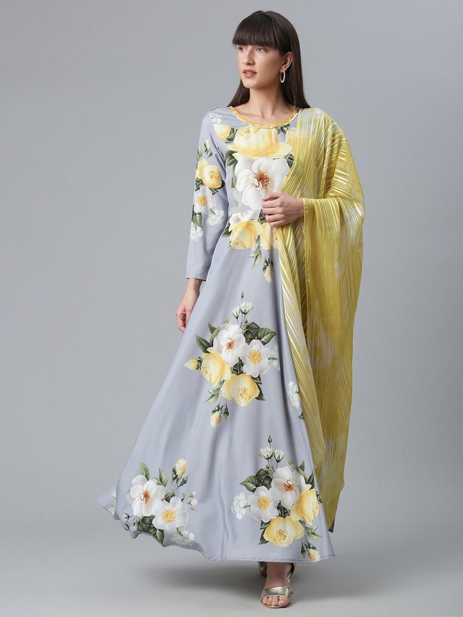 Ahalyaa Rayon Grey Digital Print Kurta with Dupatta Set