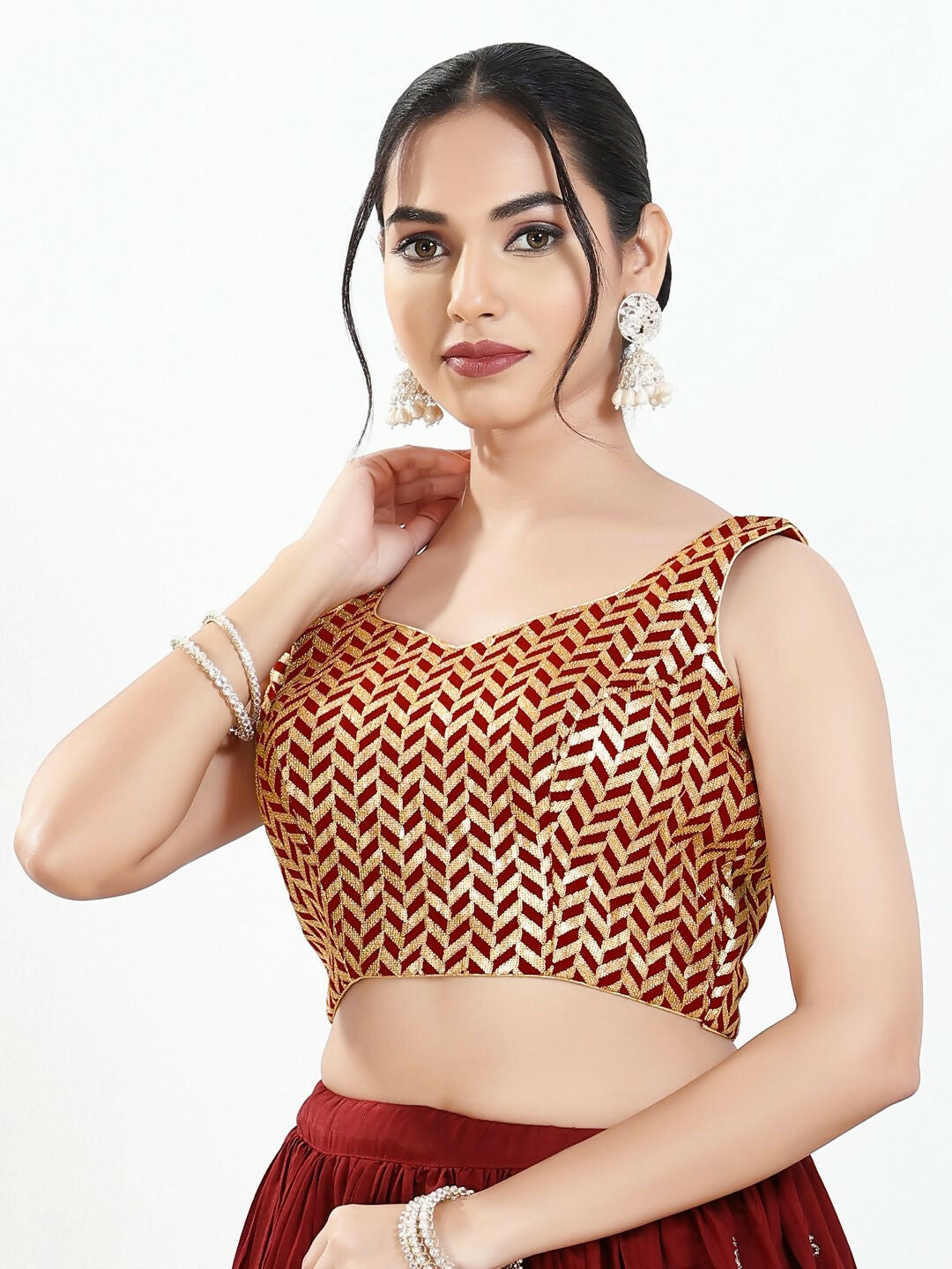 Joban Fashion Maroon Silk Padded Blouse With Sweetheart Neck Sleeveless
