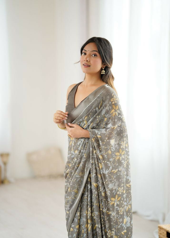 PR Fashion Grey Bright Moss Satin Patta Printed Saree