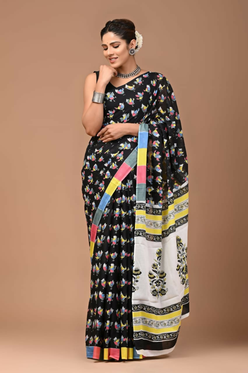 Exclusive Collection Black Beautiful Mulmul Cotton Saree