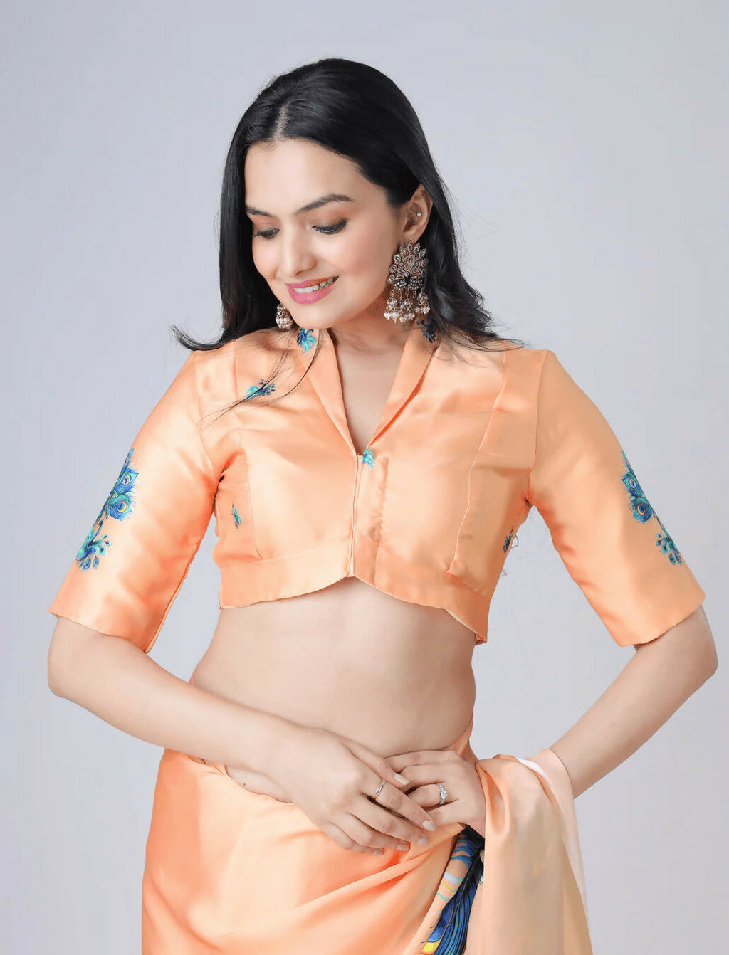 Vastranavya Peach Peacock Print Free Hand Ready to Wear Saree