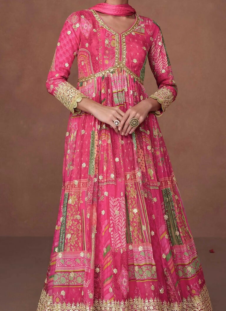 Vastranavya Pink Organza Silk Printed & Foil Mirror Work Anarkali Suit Set