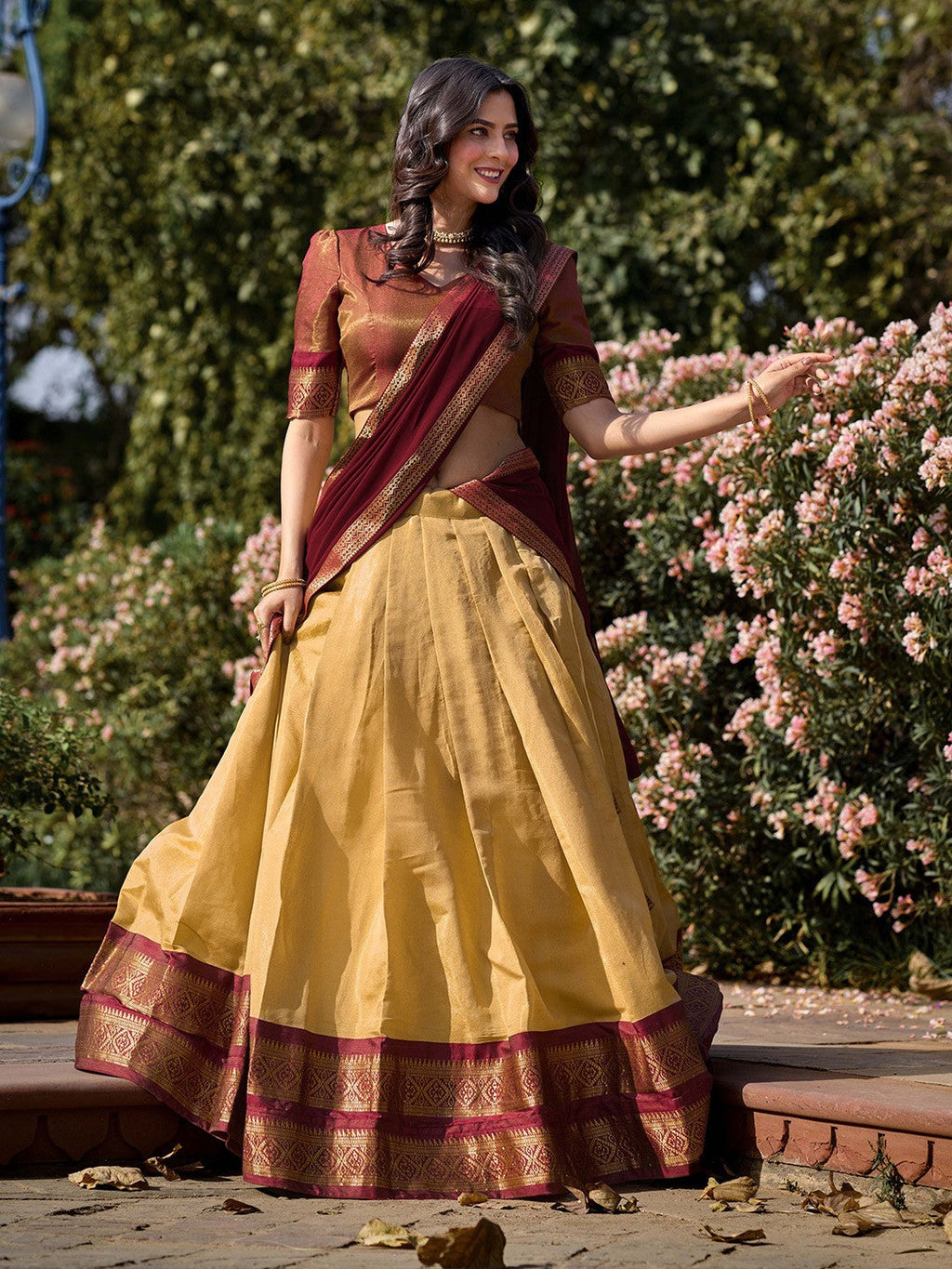 Evanik Women South-Style Kanchipuram Silk Stitched Lehenga With Unstitched Blouse & Dupatta