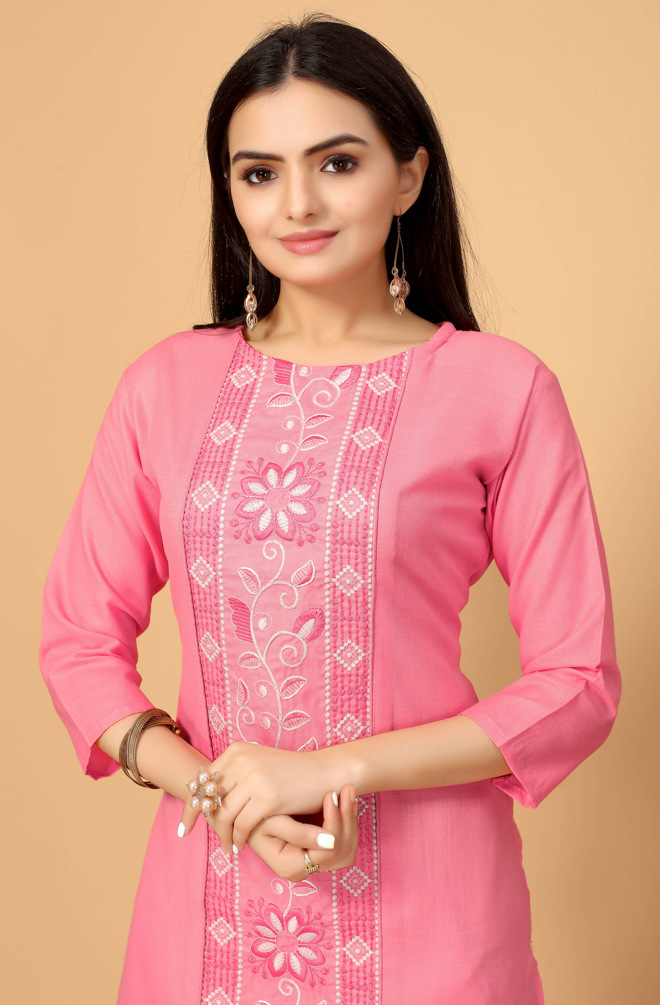 Light Pink Cottan Slub Embroidery Kurti - Umi