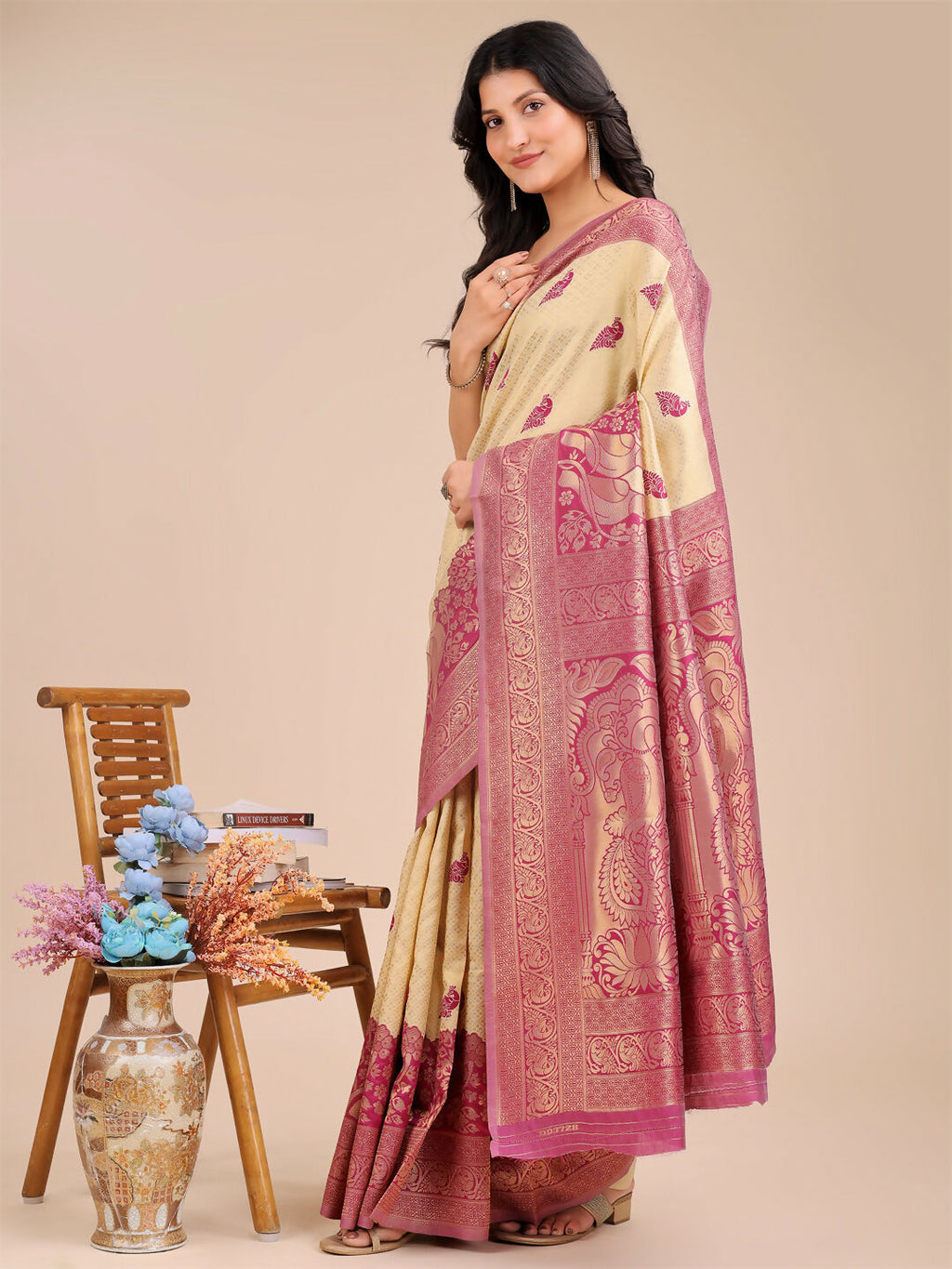 Shree Shyam Fashion Banarasi Silk Cream & Magenta Saree
