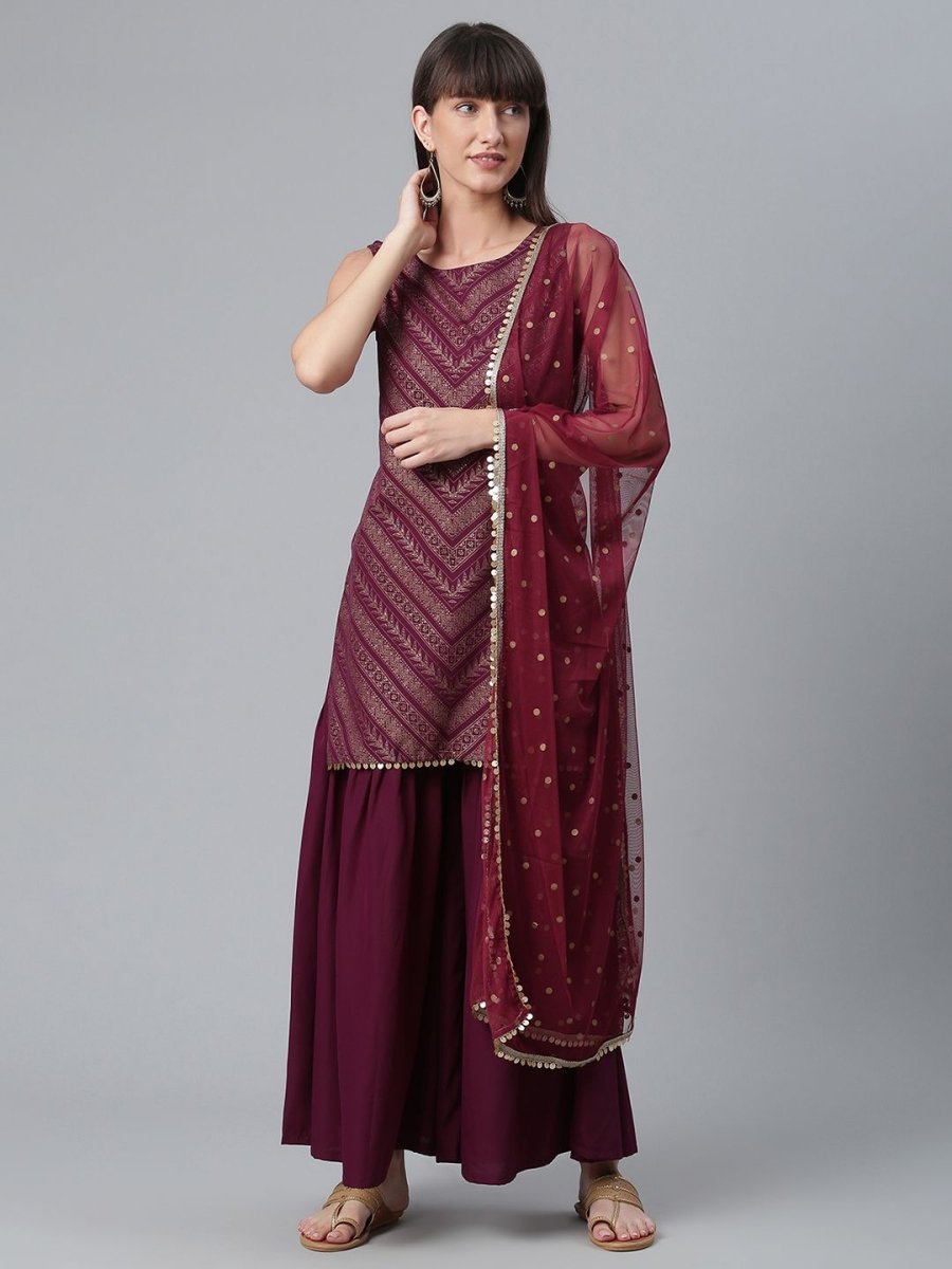 Ahalyaa Wine Crepe Glitter Print Kurta with Sharara and dupatta Set
