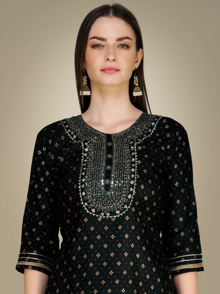 Jyoti Fashion Women's Black Cotton Magic Slub Embroidery & Sequence work Kurta with Trouser & Dupatta