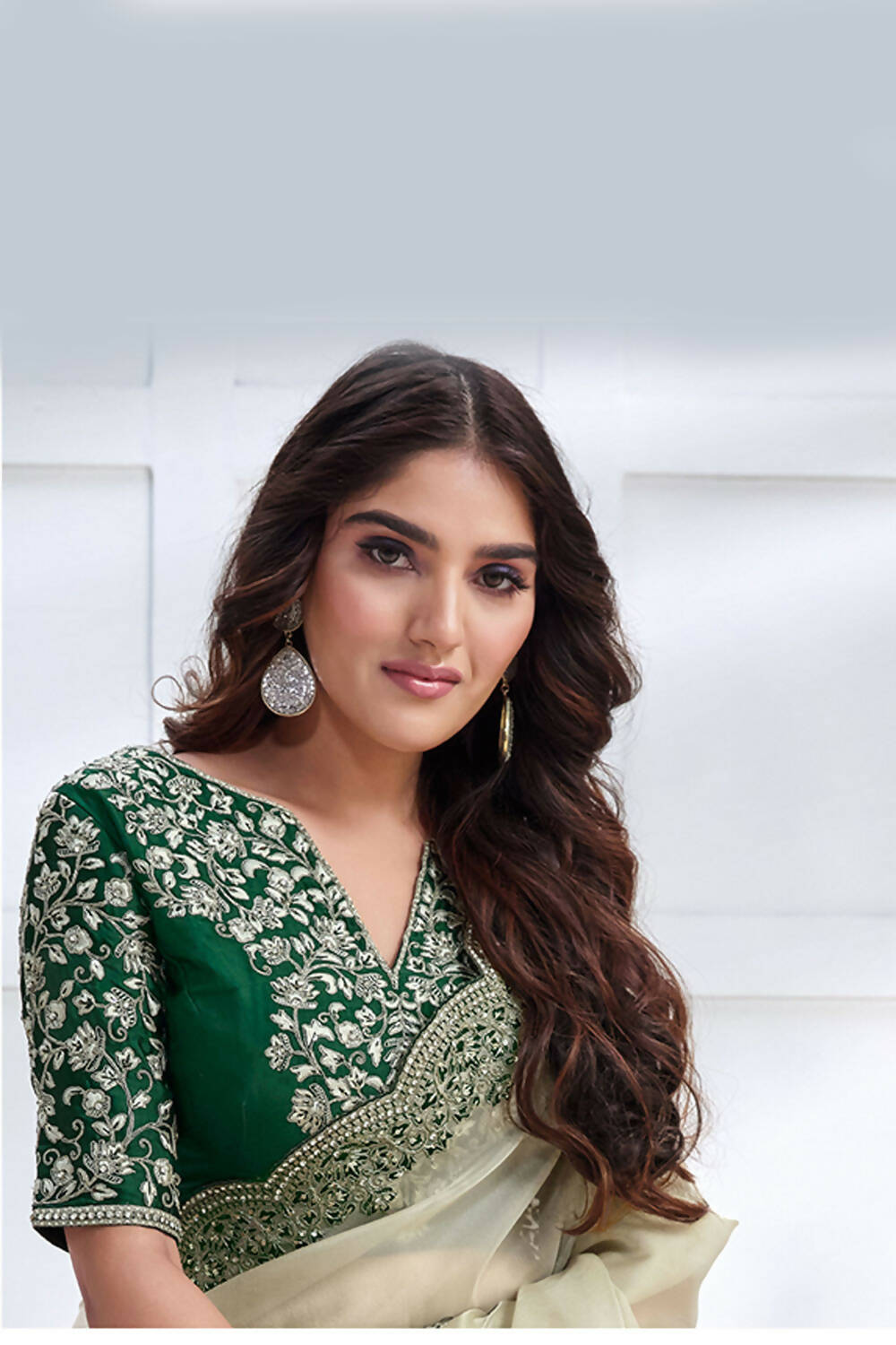 Green Net Organza Georgette Cord & Sequence Embroidered Saree - Mohmanthan Majestica