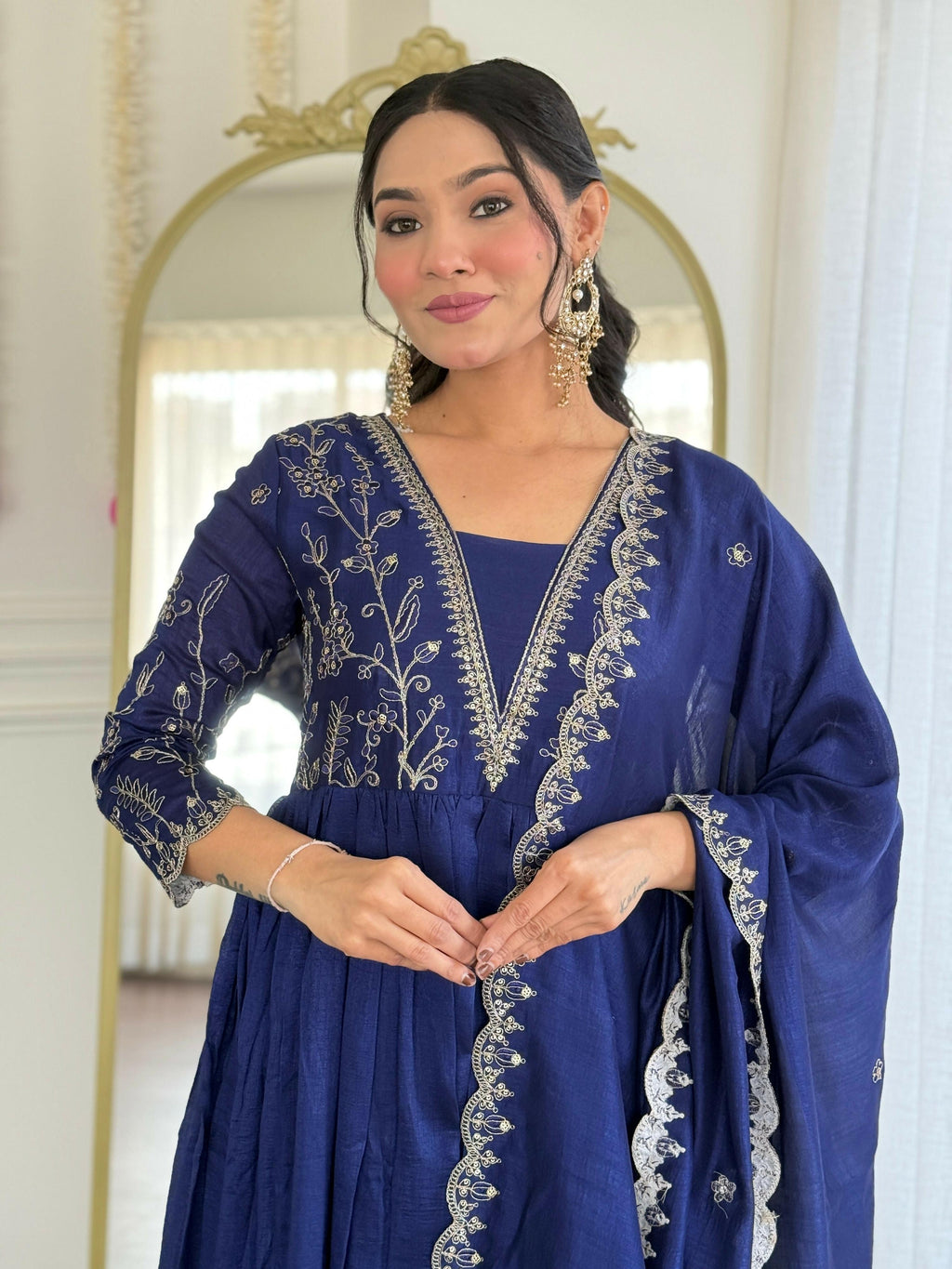 The52 Blue Women's Beautiful Embroidered Vichitra Silk Fabric with Flared Kurta, Pant and Dupatta Set