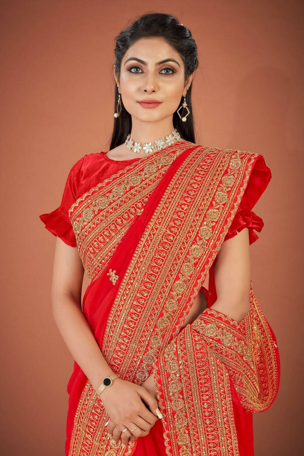 Vamsee Red Organza Saree