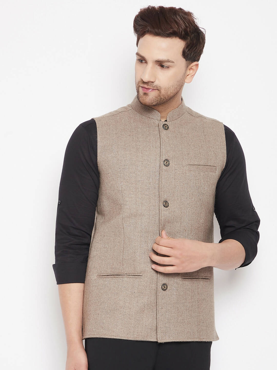 Even Apparels Beige Wool Men Woven Nehru Jacket