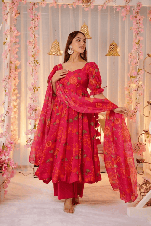 Aayaa Designer Printed Tebby Silk Suit - Multi Color